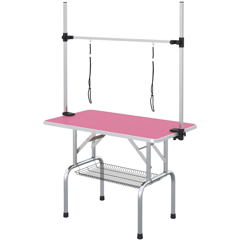 PawHut Mesa de Peluquería Canina Plegable con Cesta Metálica Barra de Acero Inoxidable Ajustable 107x60x164 cm Rosa