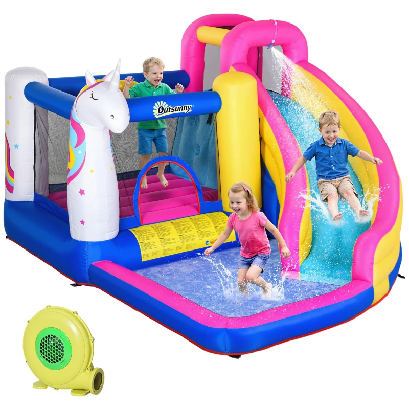 Outsunny Castillo Inflable Infantil en Forma de Unicornio con Tobogán Piscina Cama de Salto Inflador 360x305x210 cm Multicolor