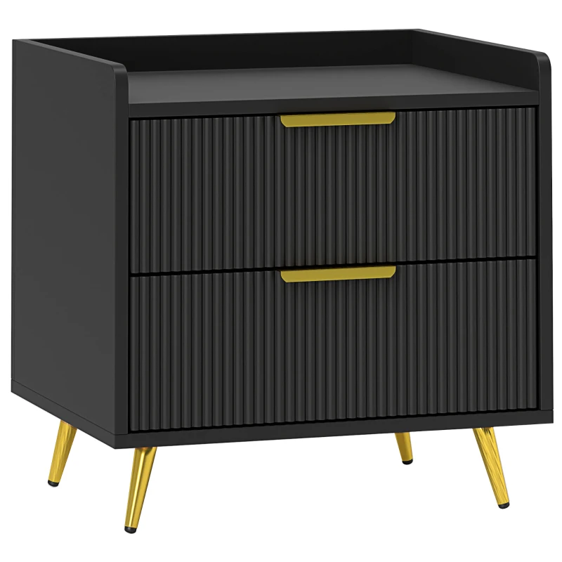 HOMCOM Noptieră, masă de noapte cu 2 sertare canelate, picioare metalice aurii, 50 x 40 x 50 cm, negru