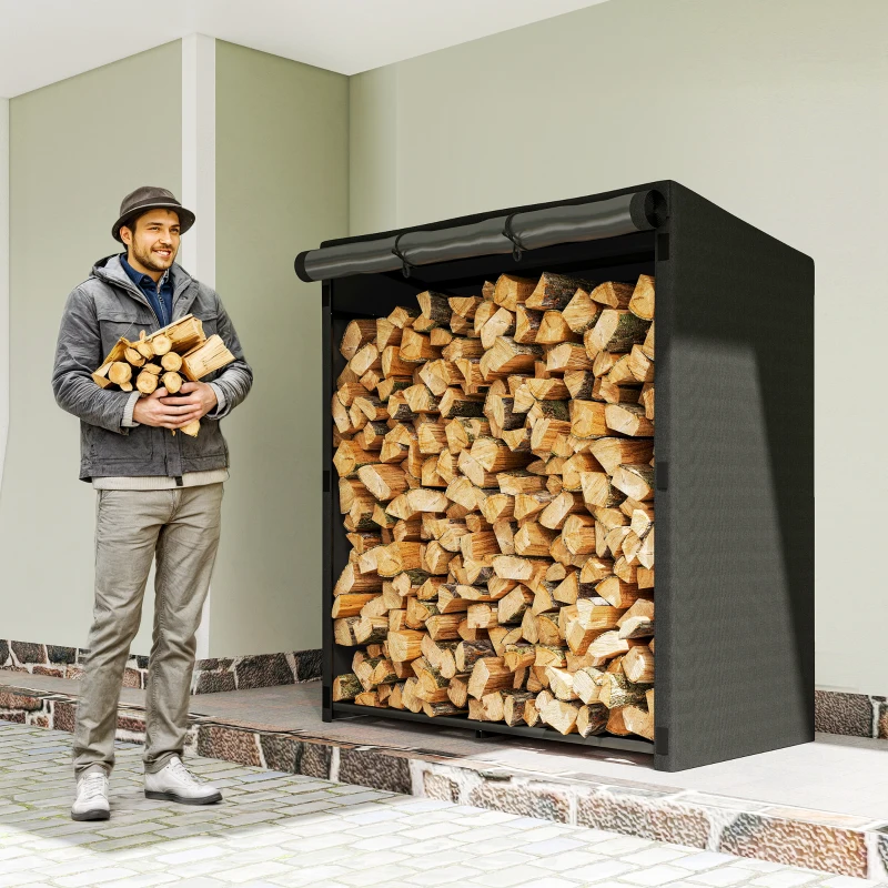 Outsunny Leñero Exterior Metálico de Chimenea Soporte para Leña con Cubierta Impermeable Carga 300 kg 140x70x154 cm Negro