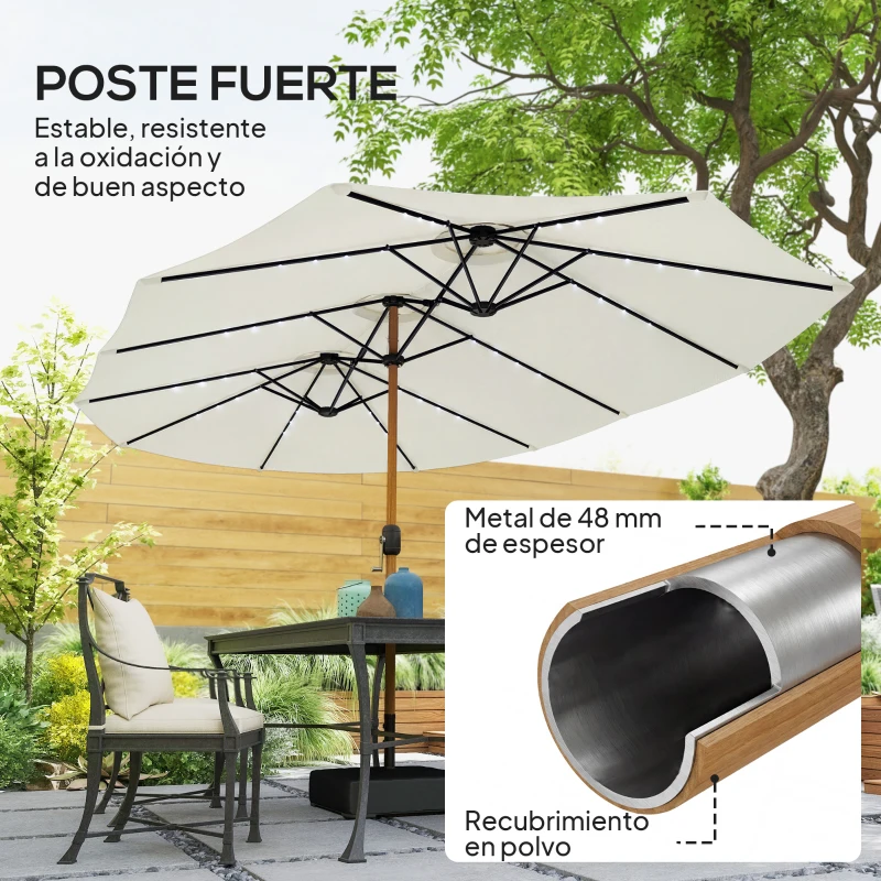 Outsunny Sombrilla Doble de Jardín 4,6x2,6 m con 48 Luces LED Base Incluida Manivela Sacos de Arena Anti-UV Crema