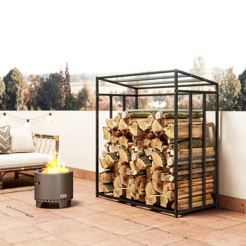 Outsunny Leñero Exterior Metálico de Chimenea Soporte para Leña con Cubierta Impermeable Carga 300 kg 140x70x154 cm Negro