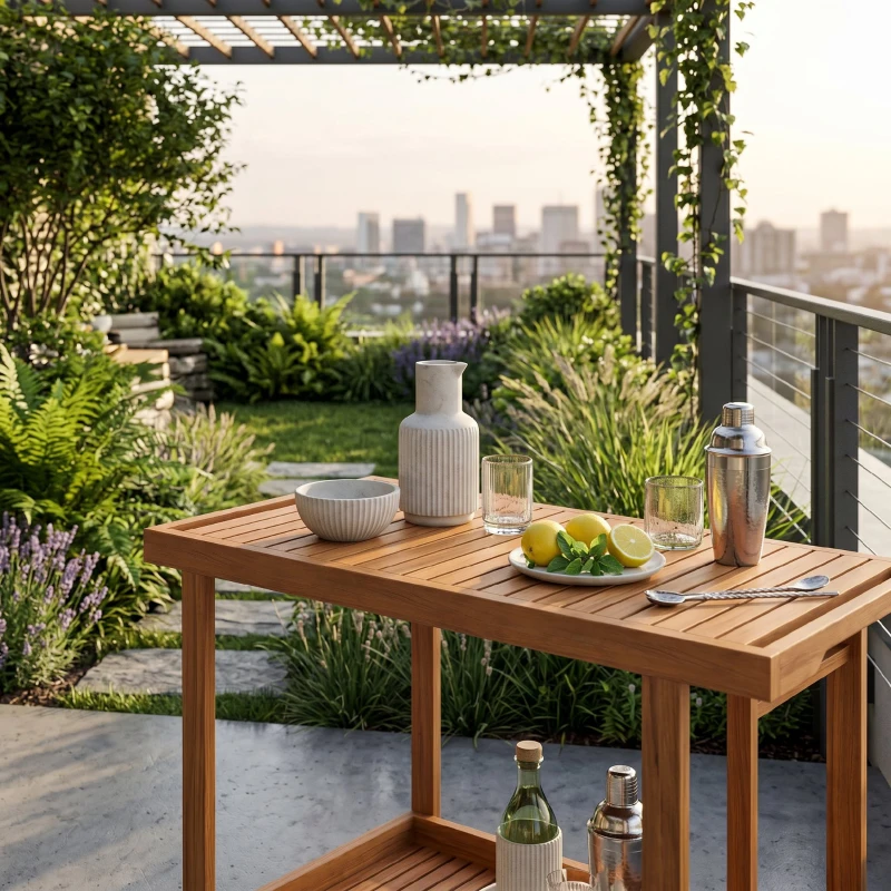 Outsunny Masă Suspendată de Exterior, Masă Reglabilă pentru Balustradă, Blat Suport cu Montare pe Perete, 68x65x40,5-55 cm, Tec