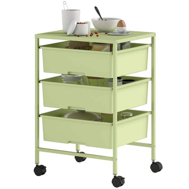 HOMCOM Carrinho Auxiliar com Rodas Carrinho de Cozinha de 3 Níveis com 3 Cestos e Estrutura de Aço 40,8x33,5x60,5 cm Verde