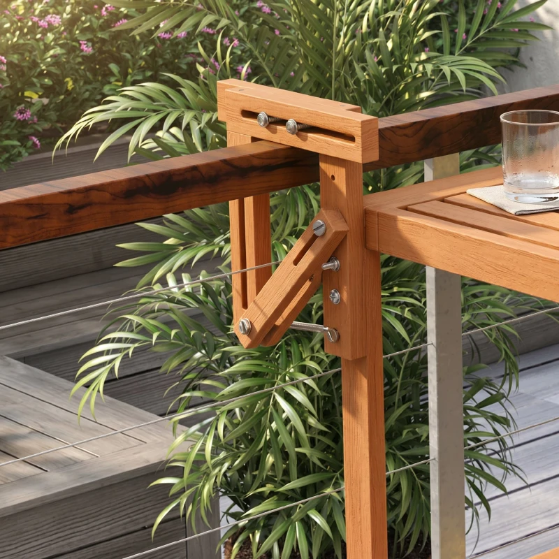 Outsunny Masă Suspendată de Exterior, Masă Reglabilă pentru Balustradă, Blat Suport cu Montare pe Perete, 68x65x40,5-55 cm, Tec