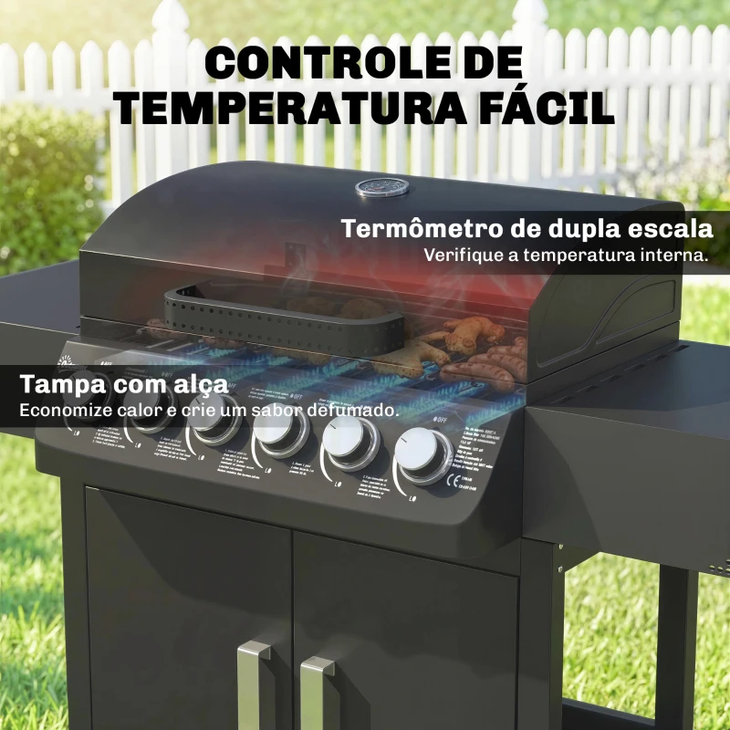 Outsunny Barbecue a Gás com 6 Queimadores 15 kW Termómetro Armário Grelha de Aquecimento Bandeja de Recolha de Gordura 2 Rodas 135x51x101 cm Preto
