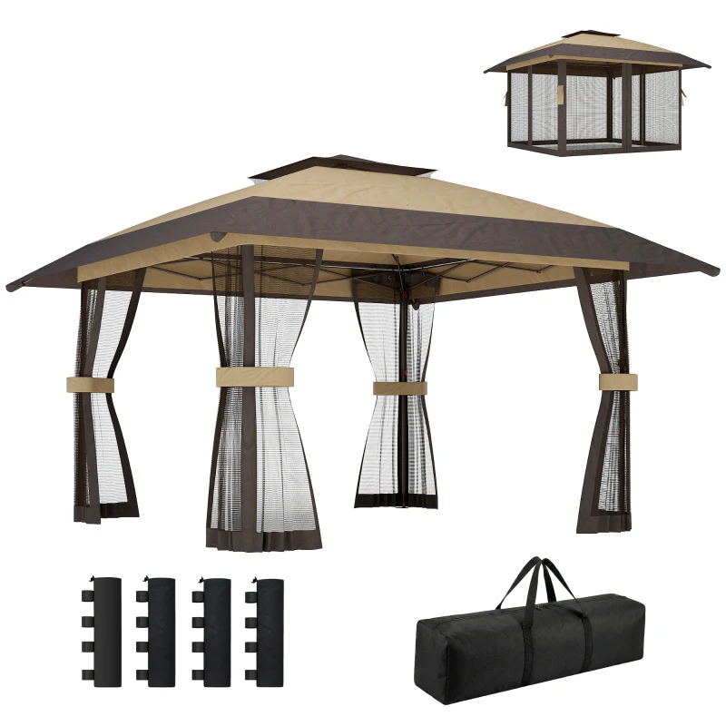 Outsunny Carpa Plegable 4x4 m Pop-up con Doble Techo 4 Laterales de Malla Altura Ajustable Bolsa Transporte UPF30+ Caqui