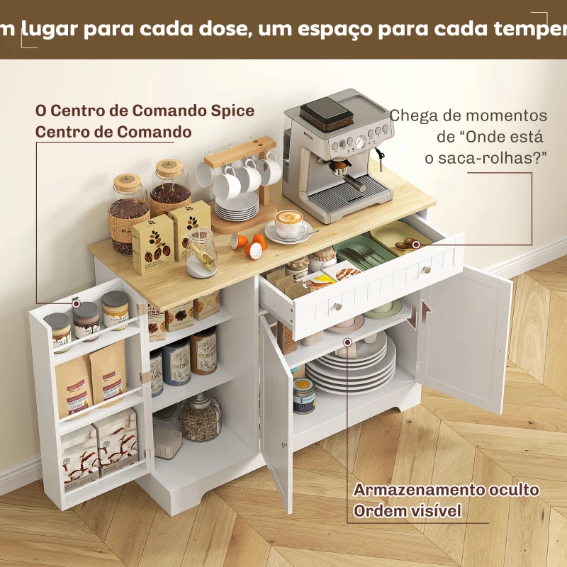 HOMCOM Aparador de Cozinha 3 Prateleiras com Porta Gaveta Prateleiras Ajustáveis para Sala de Jantar 105x40x83 cm Branco