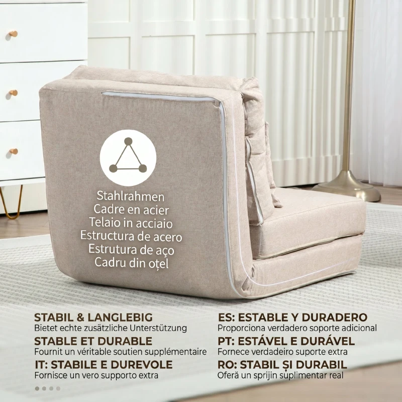 HOMCOM Sofá-Cama Individual Dobrável Estofado em Linho com Encosto Ajustável 5 Posições e 1 Almofada Bege