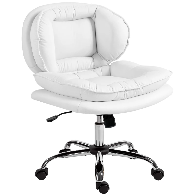 HOMCOM Silla de Oficina Piernas Cruzadas con Asiento Ancho Ruedas Altura Ajustable Doble Acolchado Función Basculante Blanco