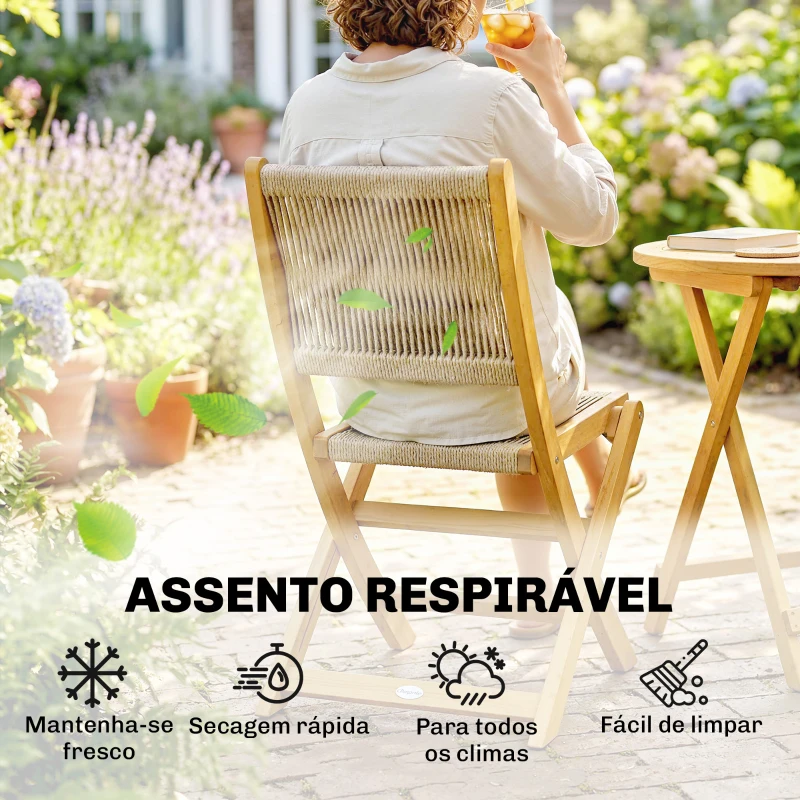 Outsunny Conjunto de Jardim de 3 Peças em Madeira com 2 Cadeiras Dobráveis e Mesa Redonda para Varanda e Terraço Natural