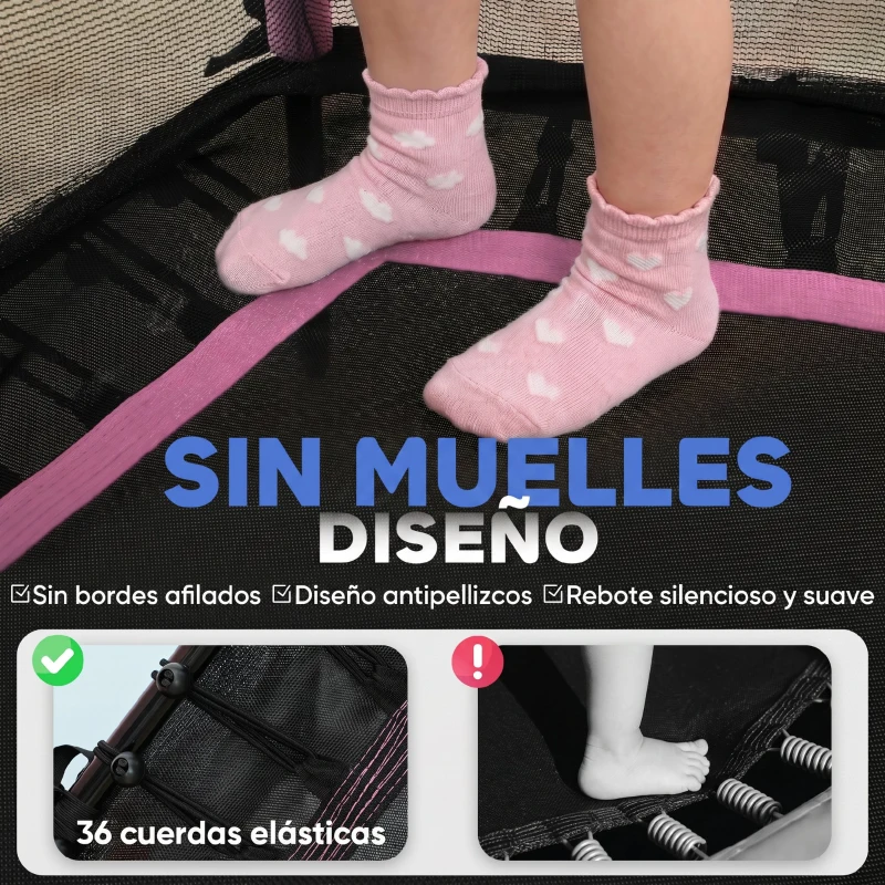 HOMCOM Cama Elástica Infantil Trampolín para Niños +3 Años con Red de Seguridad Ø163,5x190 cm Rosa