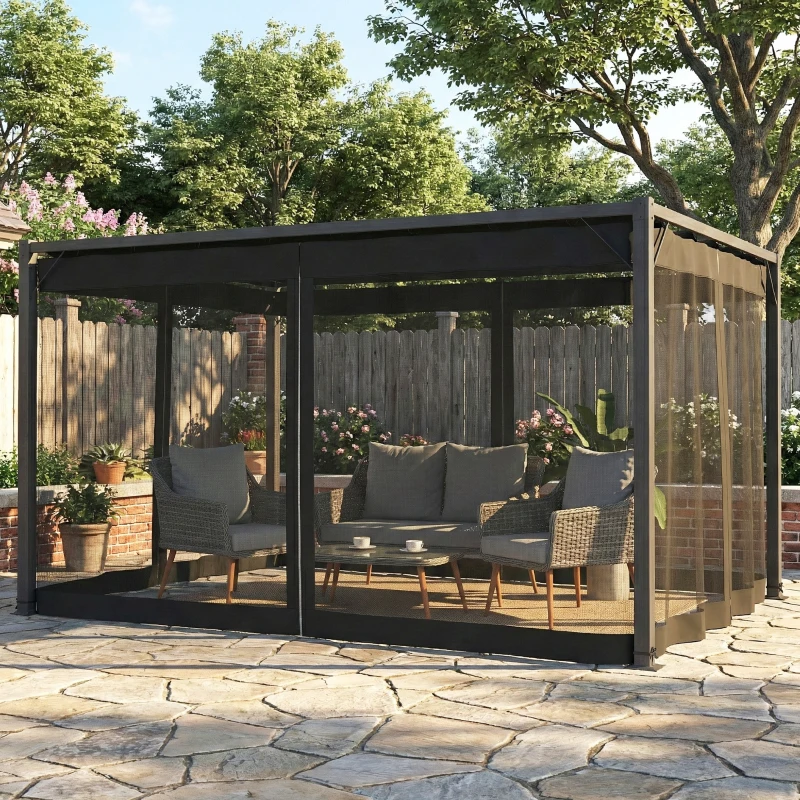 Outsunny Pérgola de Jardim 3x4 m com Teto Retrátil e 4 Laterais em Rede UPF30+ Pérgola para Exterior Terraço Cinzento