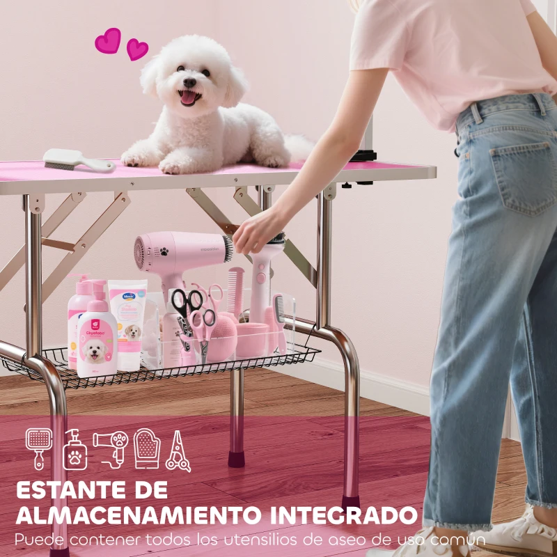 PawHut Mesa de Peluquería Canina Plegable con Cesta Metálica Barra de Acero Inoxidable Ajustable 107x60x164 cm Rosa