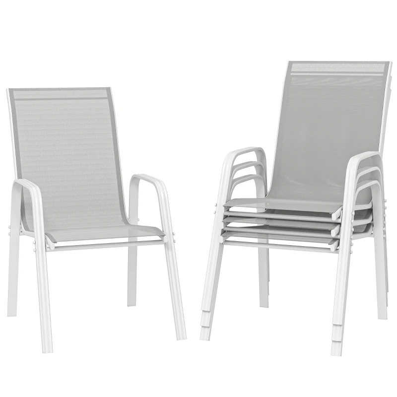 Outsunny Conjunto de 4 Cadeiras de Exterior Empilháveis com Assento de Textilene para Jardim Terraço 54x75,5x95 cm Cinzento Claro