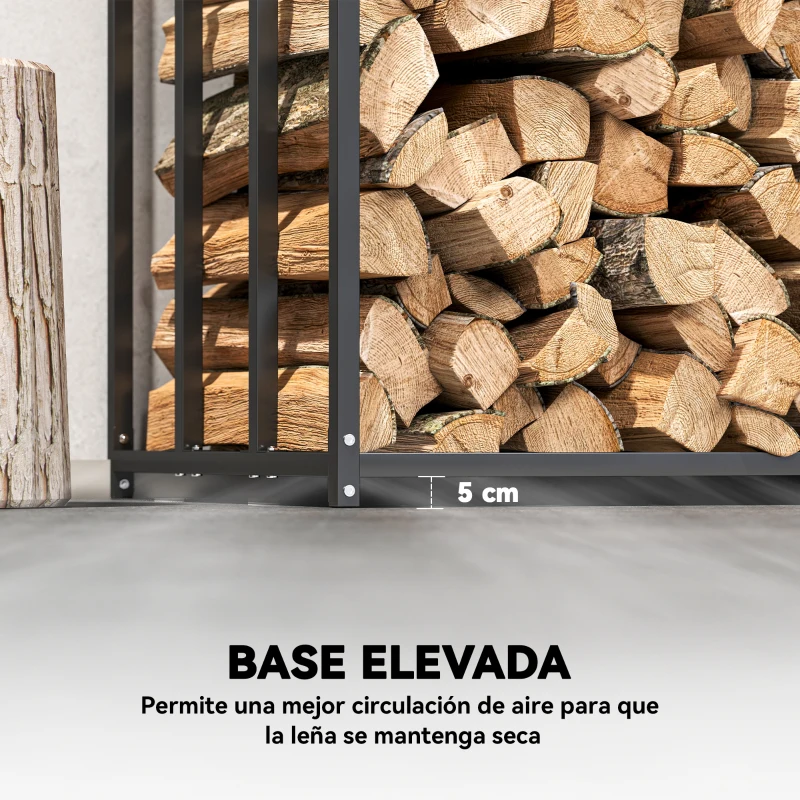 Outsunny Leñero Exterior Metálico de Chimenea Soporte para Leña con Cubierta Impermeable Carga 300 kg 140x70x154 cm Negro