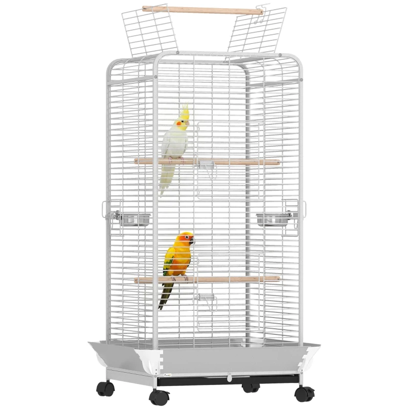 PawHut Jaula para Loros con Ruedas Perchas Comederos y Bandeja Extraíble Pajarera para Cacatúas Cotorras 79x73x146cm Gris Claro