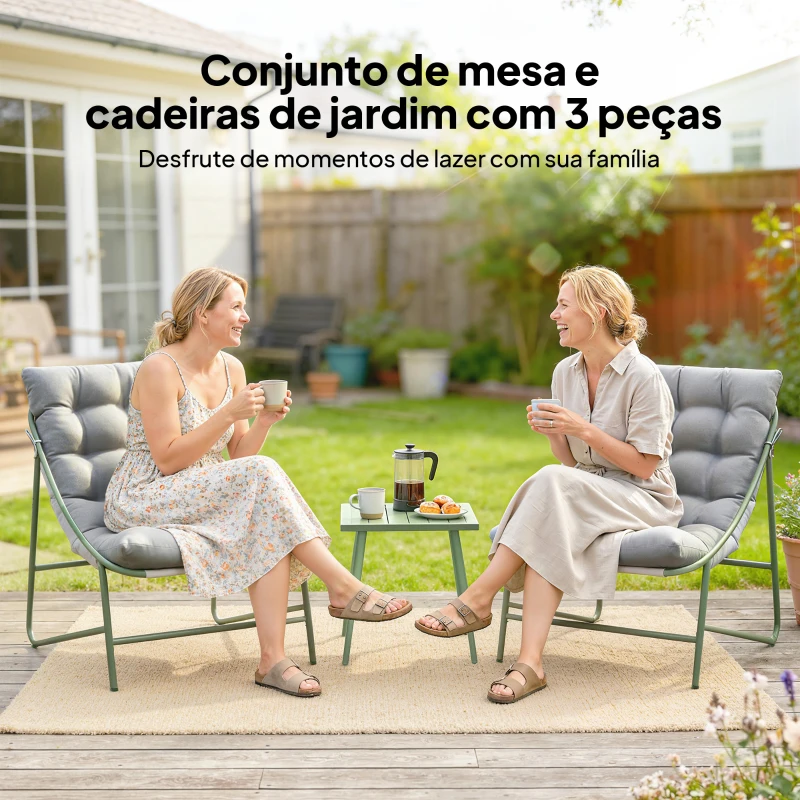 Outsunny Conjunto de Jardim de 3 Peças com 2 Cadeiras Lounge Mesa de Apoio e Almofadas para Exterior Pátio Varanda Cinza Claro