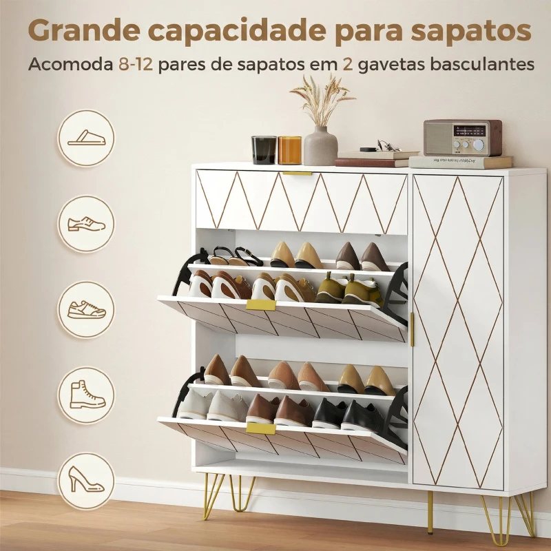 HOMCOM Sapateira Estreita com 2 Compartimentos Abatíveis Armário e Prateleiras Ajustáveis 10-14 Pares de Sapatos 110x25x110,6 cm Branco