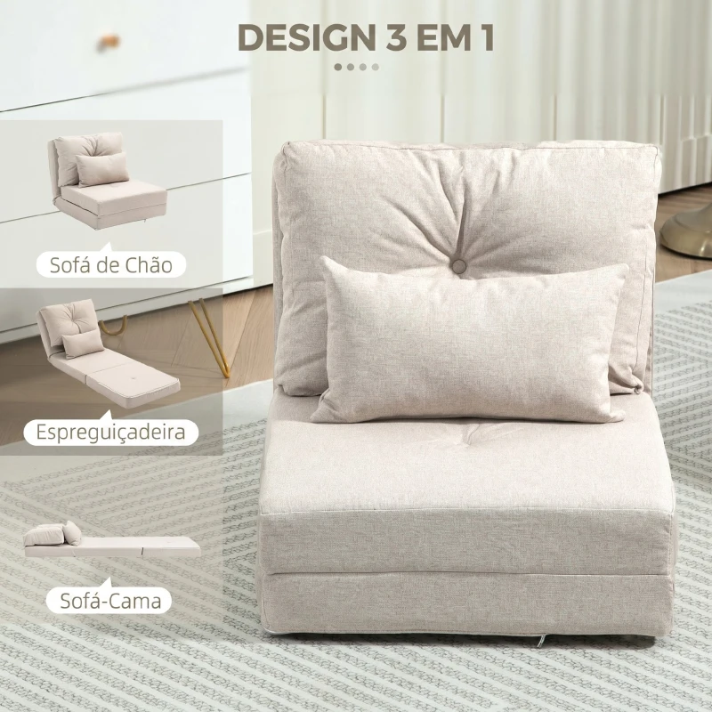 HOMCOM Sofá-Cama Individual Dobrável Estofado em Linho com Encosto Ajustável 5 Posições e 1 Almofada Bege