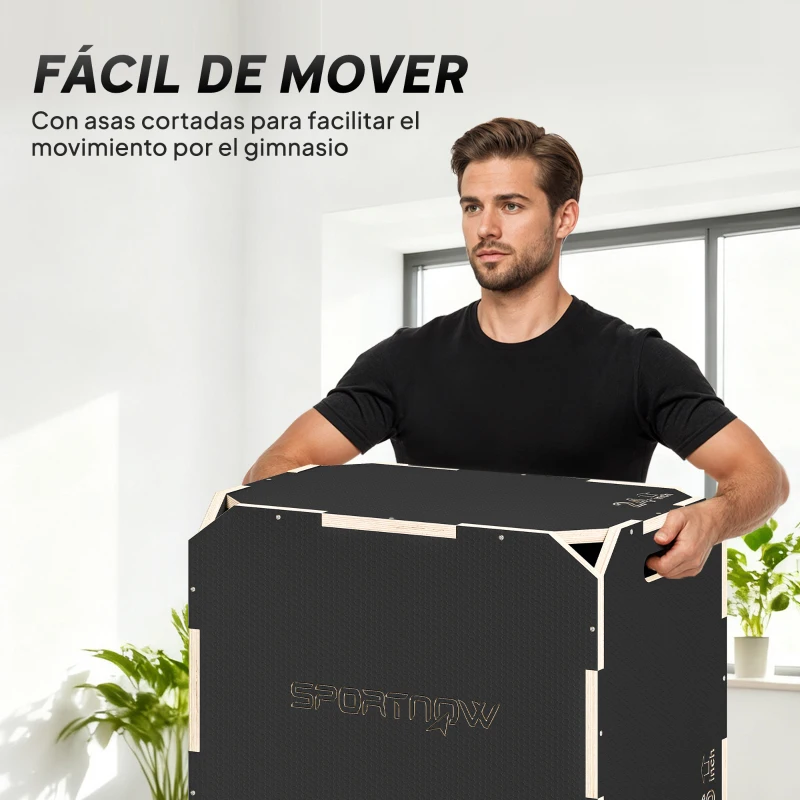SPORTNOW Cajón Pliométrico de Madera 3 en 1 con 3 Alturas Diferentes Asas sin Esquinas Entrenamiento de Salto 61x51x41 cm