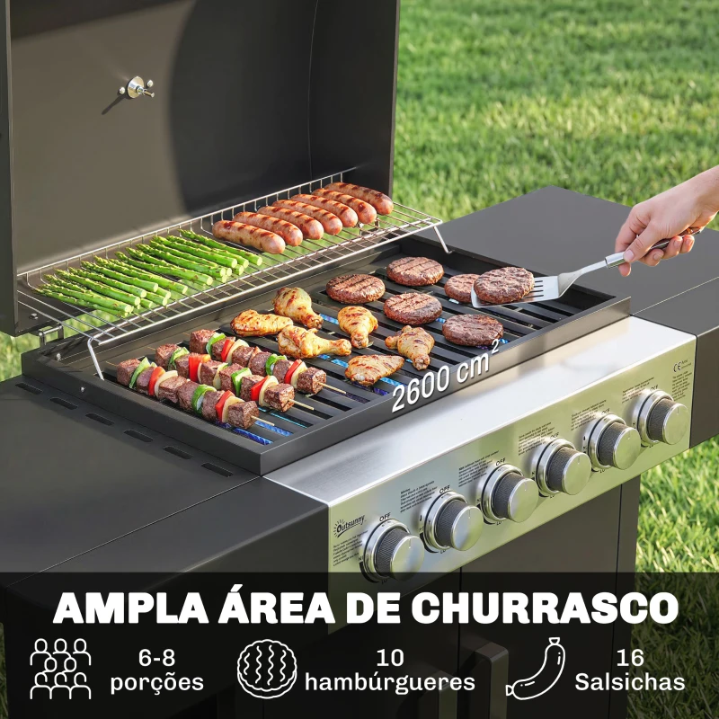 Outsunny Barbecue a Gás Barbeceu com 6 Queimadores 15 kW Termómetro 2 Prateleiras Laterais eArmário 135x51x101 cm Preto