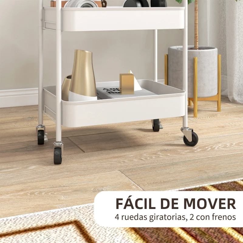 HOMCOM Carrito Auxiliar con Ruedas de 3 Niveles Carrito de Cocina con 3 Cestas y 2 Asas 45x30,6x79 cm Blanco