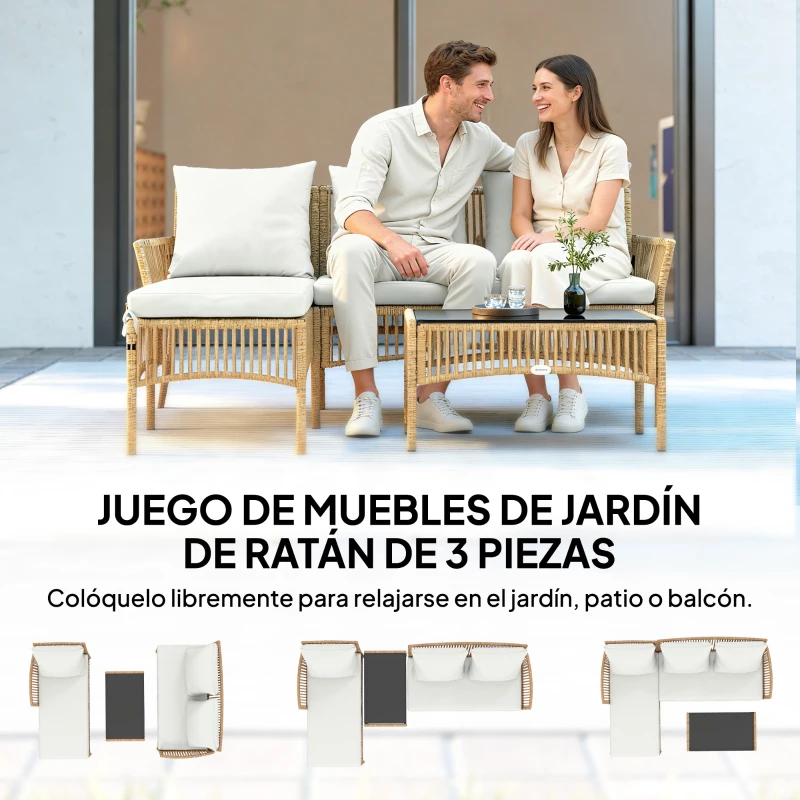 Outsunny Conjunto de Jardín Exterior de Ratán con 1 Sofá de 2 Plazas 1 Sofá Esquinera y 1 Mesa de Centro Tablero de Vidrio Crema