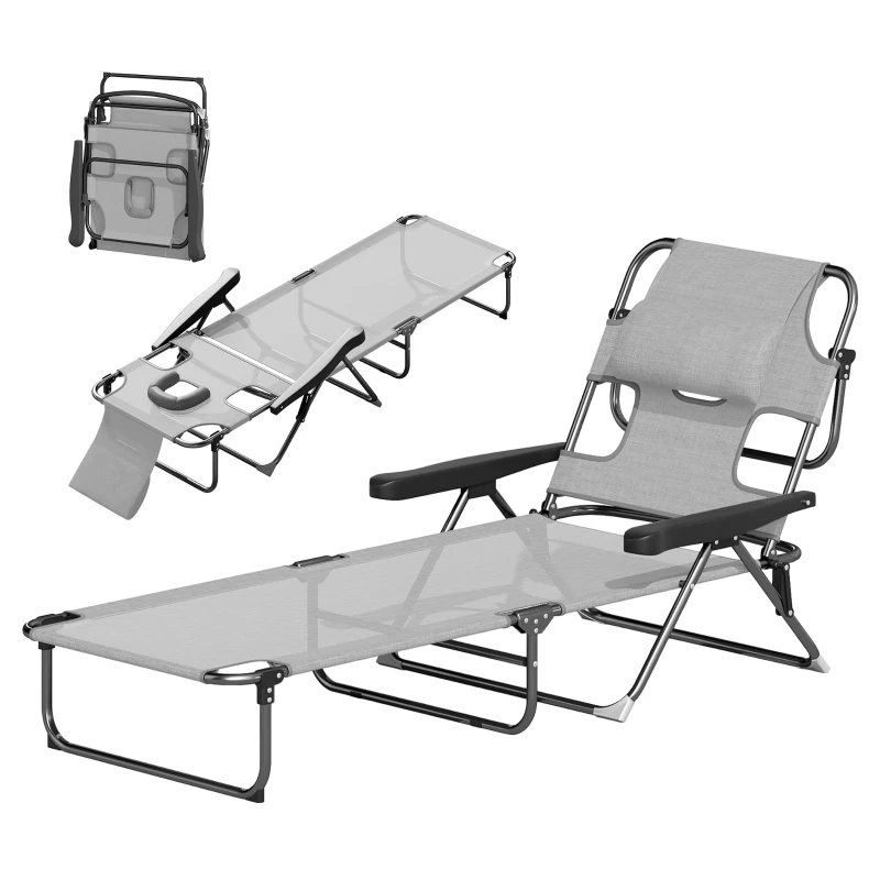 Outsunny Tumbona Plegable Respaldo Ajustable Orificio de Lectura Reposacabezas y Brazos Carga 120 kg 145x72x89 cm Gris Oscuro