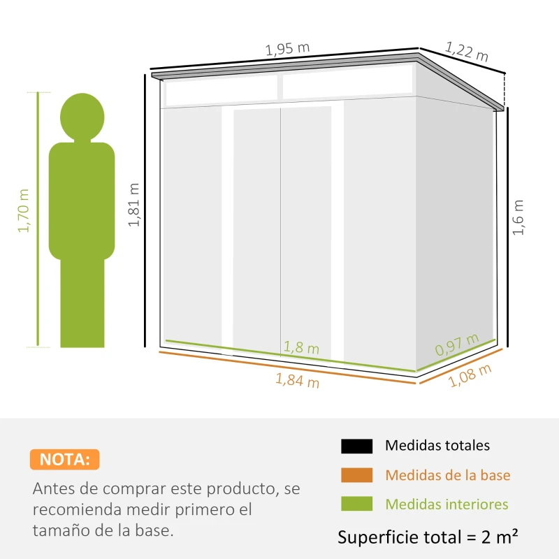 Outsunny Cobertizo de Jardín 195x122x181,5 cm con Puertas Correderas 2 Ventanas y Ganchos para Almacenar Herramientas Verde