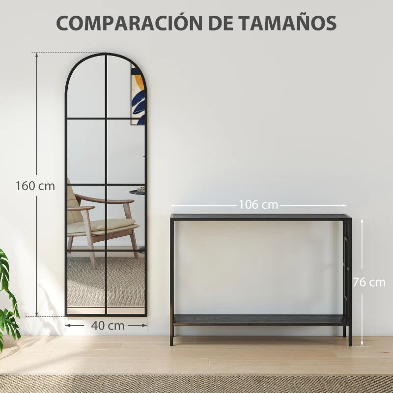 HOMCOM Espejo de Pared de Cuerpo Entero con Diseño Arqueado y Marco de Metal para Dormitorio o Recibidor 40x160 cm Negro