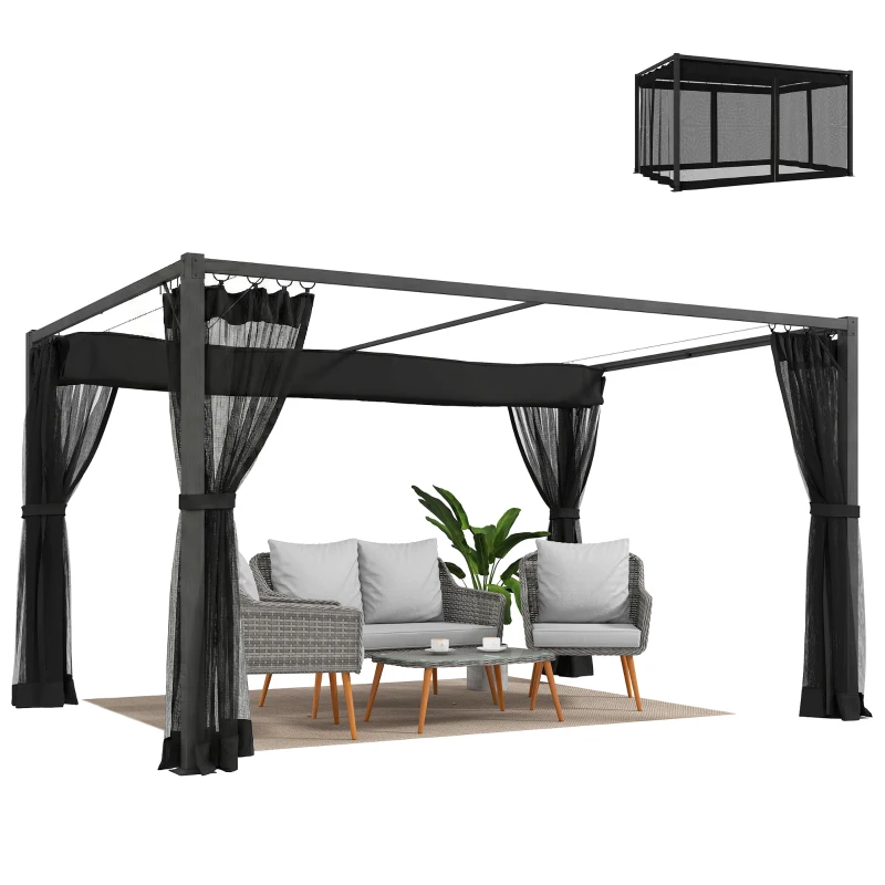 Outsunny Pérgola de Jardim 3x4 m com Teto Retrátil e 4 Laterais em Rede UPF30+ Pérgola para Exterior Terraço Cinzento