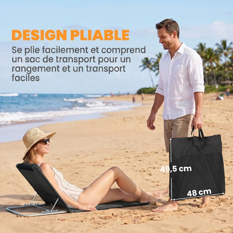 Outsunny Lot de 2 Tapis de Plage rembourré - Matelas de Plage - nattes de Plage - Dossier inclinable Multi-Positions - Sac Transport Inclus - métal Polyester PE Noir