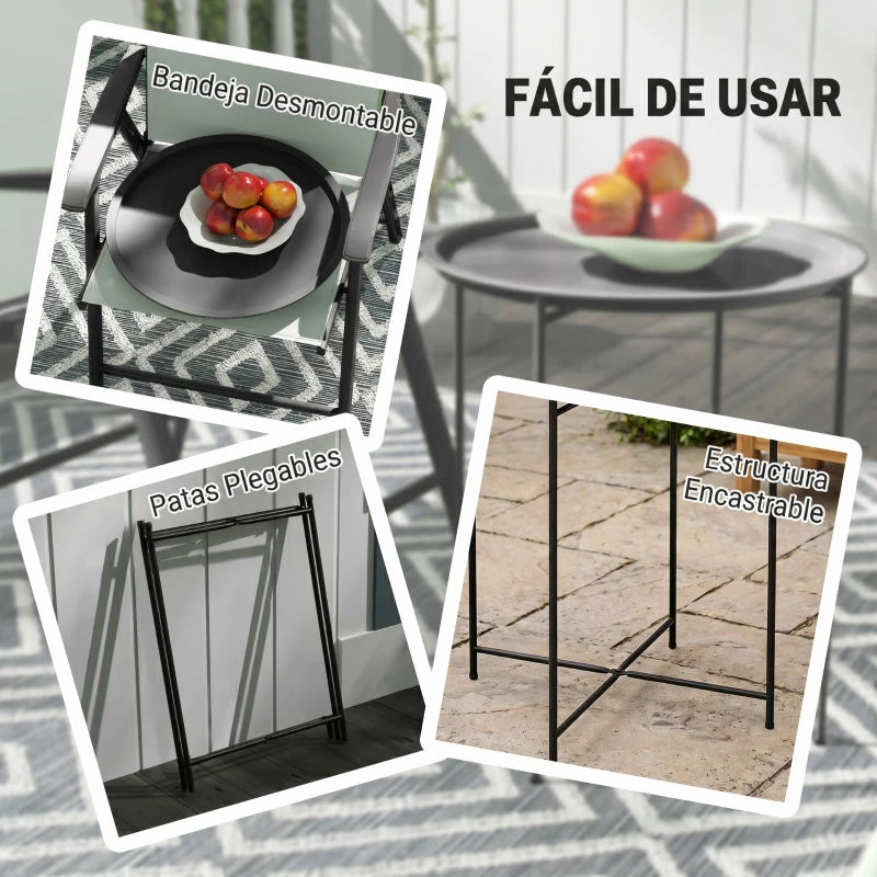 Outsunny Mesa Auxiliar Redonda Mesa de Jardim com Bandeja Amovível Pés Dobráveis Mesa para Exterior Pátio Ø46x50 cm Preto