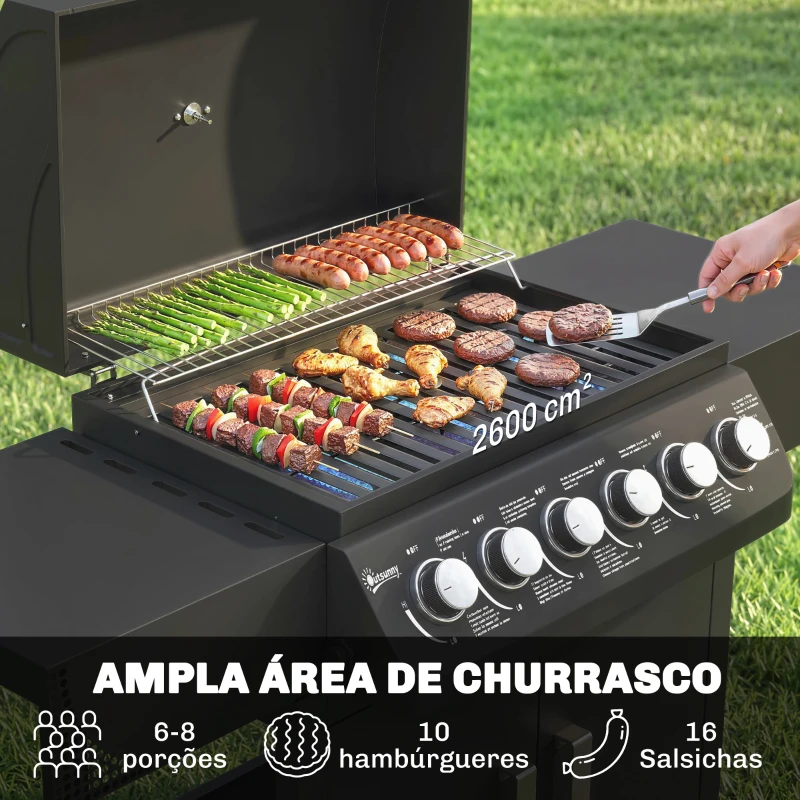 Outsunny Barbecue a Gás com 6 Queimadores 15 kW Termómetro Armário Grelha de Aquecimento Bandeja de Recolha de Gordura 2 Rodas 135x51x101 cm Preto