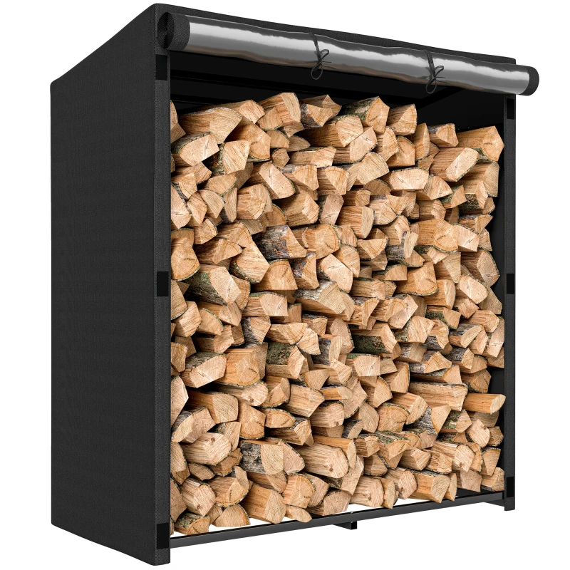 Outsunny Leñero Exterior Metálico de Chimenea Soporte para Leña con Cubierta Impermeable Carga 300 kg 140x70x154 cm Negro