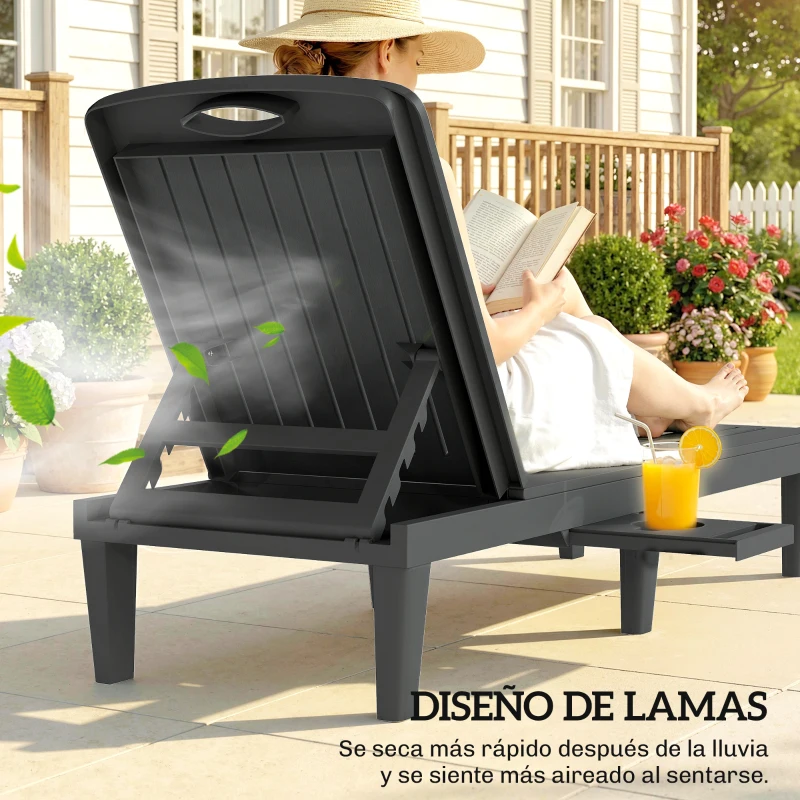 Outsunny Conjunto de 2 Tumbonas Reclinables de Plástico PP con Bandeja Lateral Respaldo Ajustable 5 Niveles 192x57x28,5 cm Gris