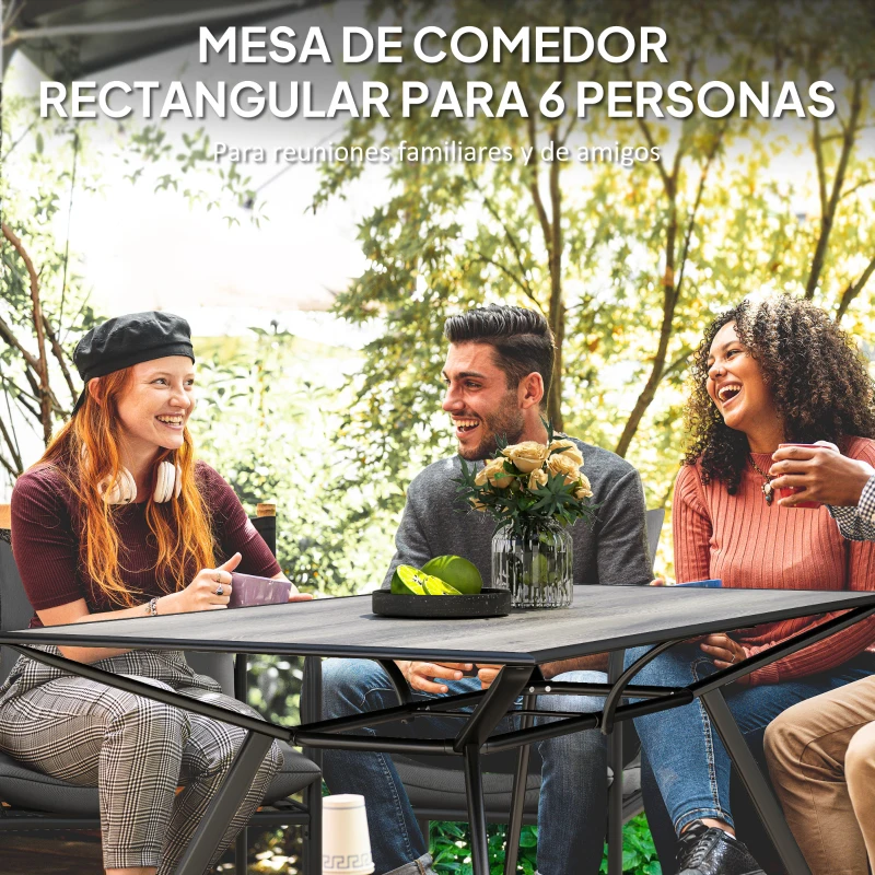 Outsunny Mesa de Comedor de Exterior con Encimera Imitación Madera para 6 Personas con Estructura de Acero 160x90x73 cm Gris