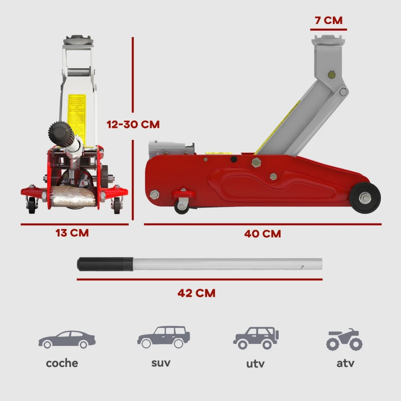 HOMCOM Gato Hidráulico de 2 Toneladas con Altura Ajustable 12-30 cm y 4 Ruedas para Apoyar Coches Rojo y Amarillo