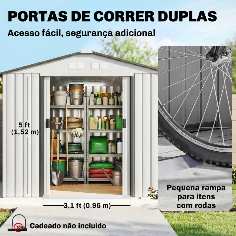 Outsunny Abrigo de Jardim 213x130x185cm Abrigo de Jardim Metálico de Exterior com 2 Portas Deslizantes e 4 Janelas Branco e Cinza