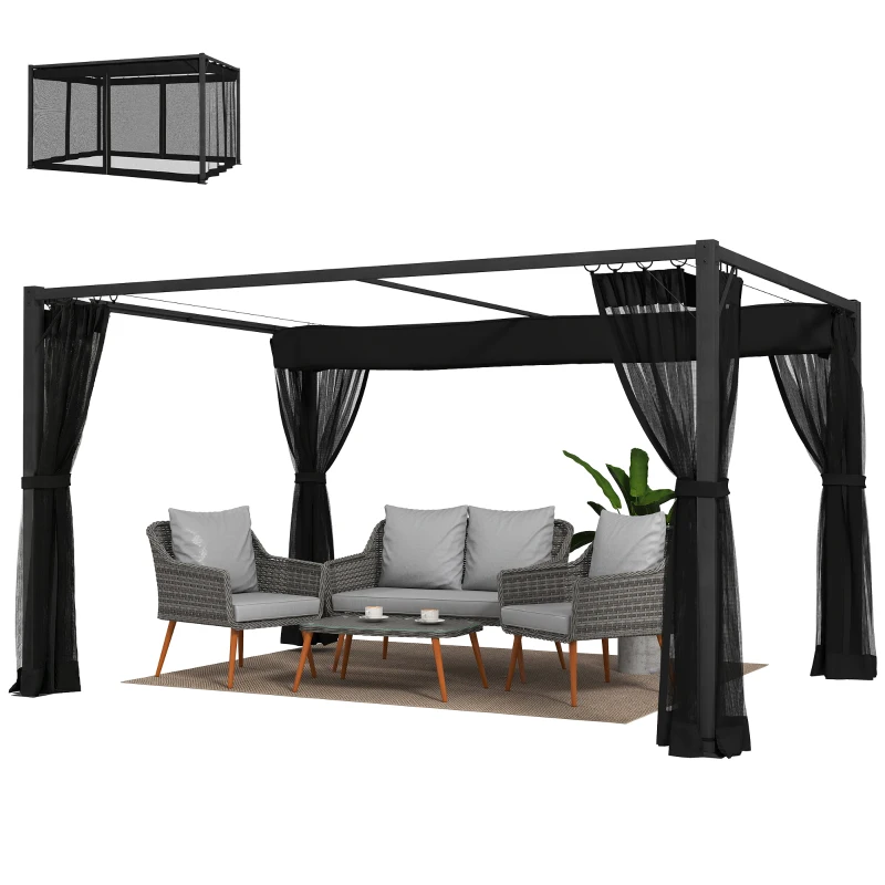 Outsunny Pérgola de Jardim 3x4 m com Teto Retrátil e 4 Laterais em Rede UPF30+ Pérgola para Exterior Terraço Cinzento