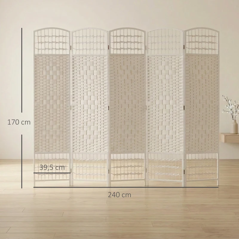 HOMCOM Paravent Séparateur d'Espaces 6 Panneaux Pliable en Corde de Papier 160x170cm Décoration pour Chambre Blanc