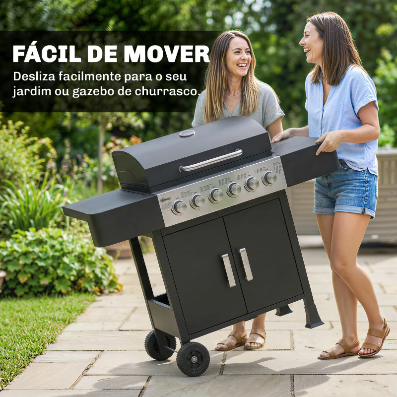 Outsunny Barbecue a Gás Barbeceu com 6 Queimadores 15 kW Termómetro 2 Prateleiras Laterais eArmário 135x51x101 cm Preto