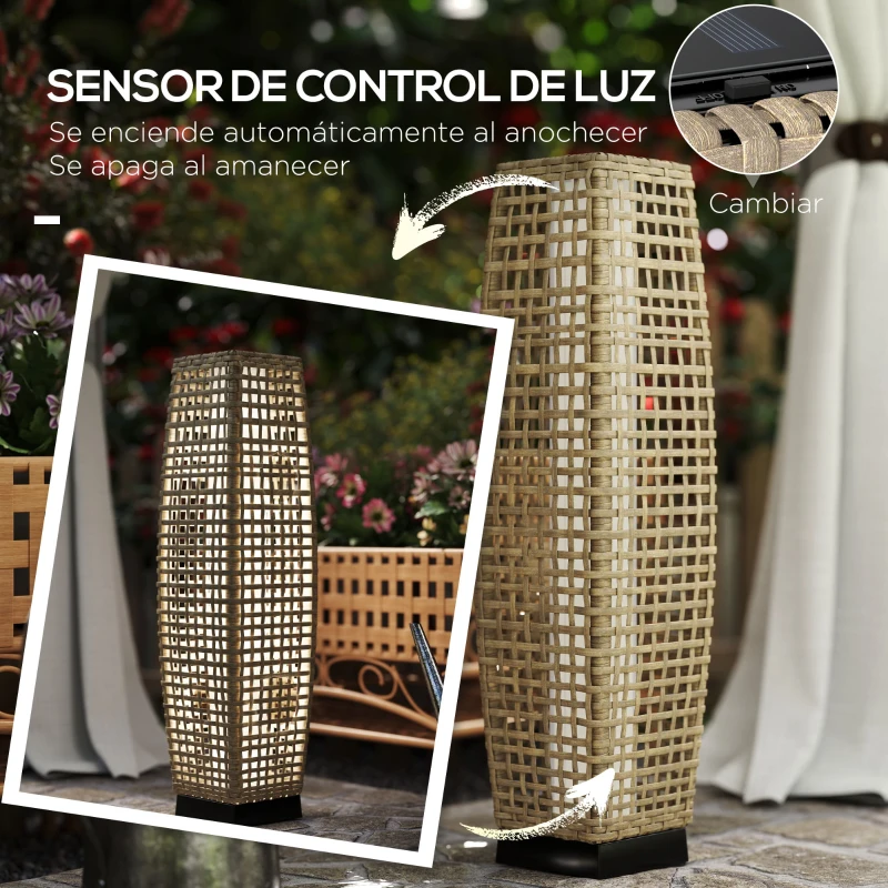 Outsunny Lámpara Solar de Jardín de Ratán Sintético con Luces LED Encendido/Apagado Automático 21x21x78 cm Natural