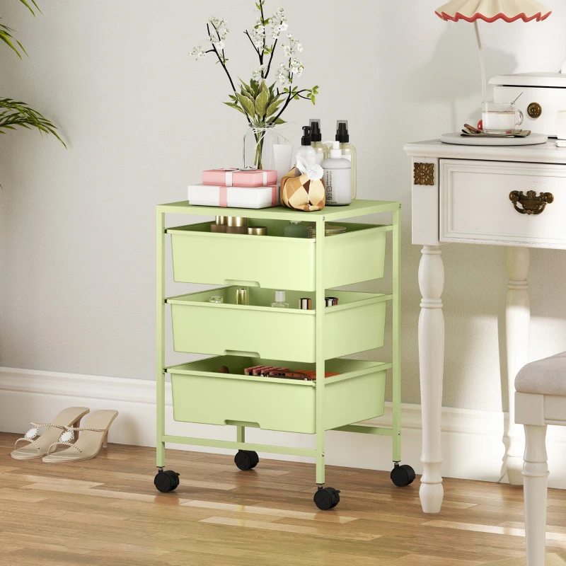 HOMCOM Carrinho Auxiliar com Rodas Carrinho de Cozinha de 3 Níveis com 3 Cestos e Estrutura de Aço 40,8x33,5x60,5 cm Verde