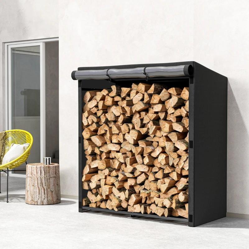 Outsunny Leñero Exterior Metálico de Chimenea Soporte para Leña con Cubierta Impermeable Carga 300 kg 140x70x154 cm Negro