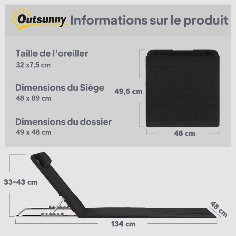 Outsunny Lot de 2 Tapis de Plage rembourré - Matelas de Plage - nattes de Plage - Dossier inclinable Multi-Positions - Sac Transport Inclus - métal Polyester PE Noir