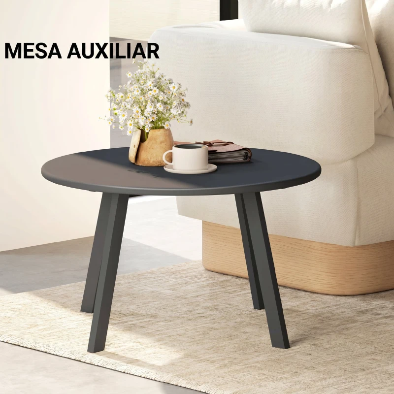 Outsunny Mesa de Centro Redonda de Metal con Patas Antideslizantes y Borde Seguro para Patio Balcón Salón Ø70x42 cm Gris