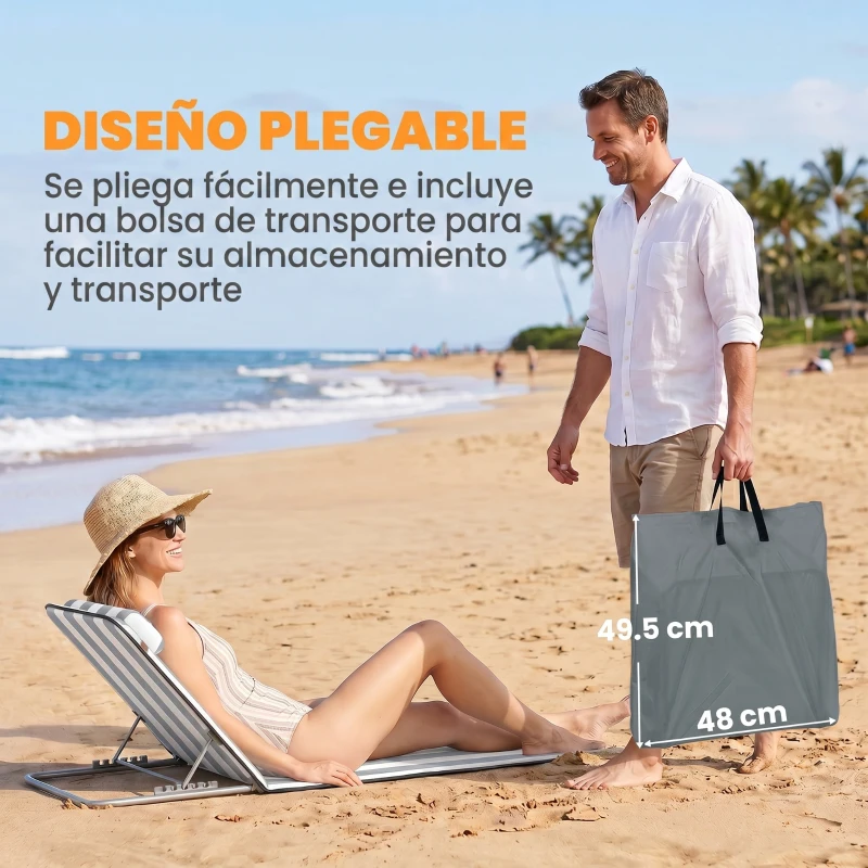 Outsunny Conjunto de 2 Esterillas con Respaldo Reclinable Reposacabezas y Bolsa de Transporte 134x48x33-43 cm Blanco y Gris
