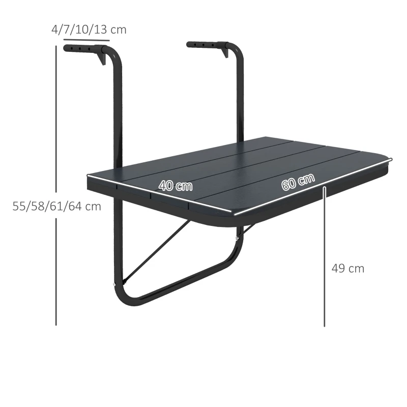 Outsunny Mesa Colgante para Balcón Plegable de Aluminio con Altura Ajustable en 4 Niveles Carga 25 kg 60x40x55-64 cm Negro